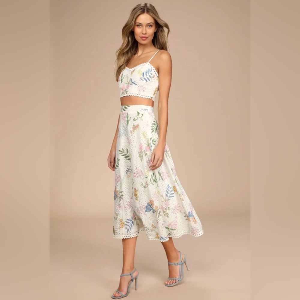 Lulu's White Floral Eyelet Midi Skirt and Crop Top Set